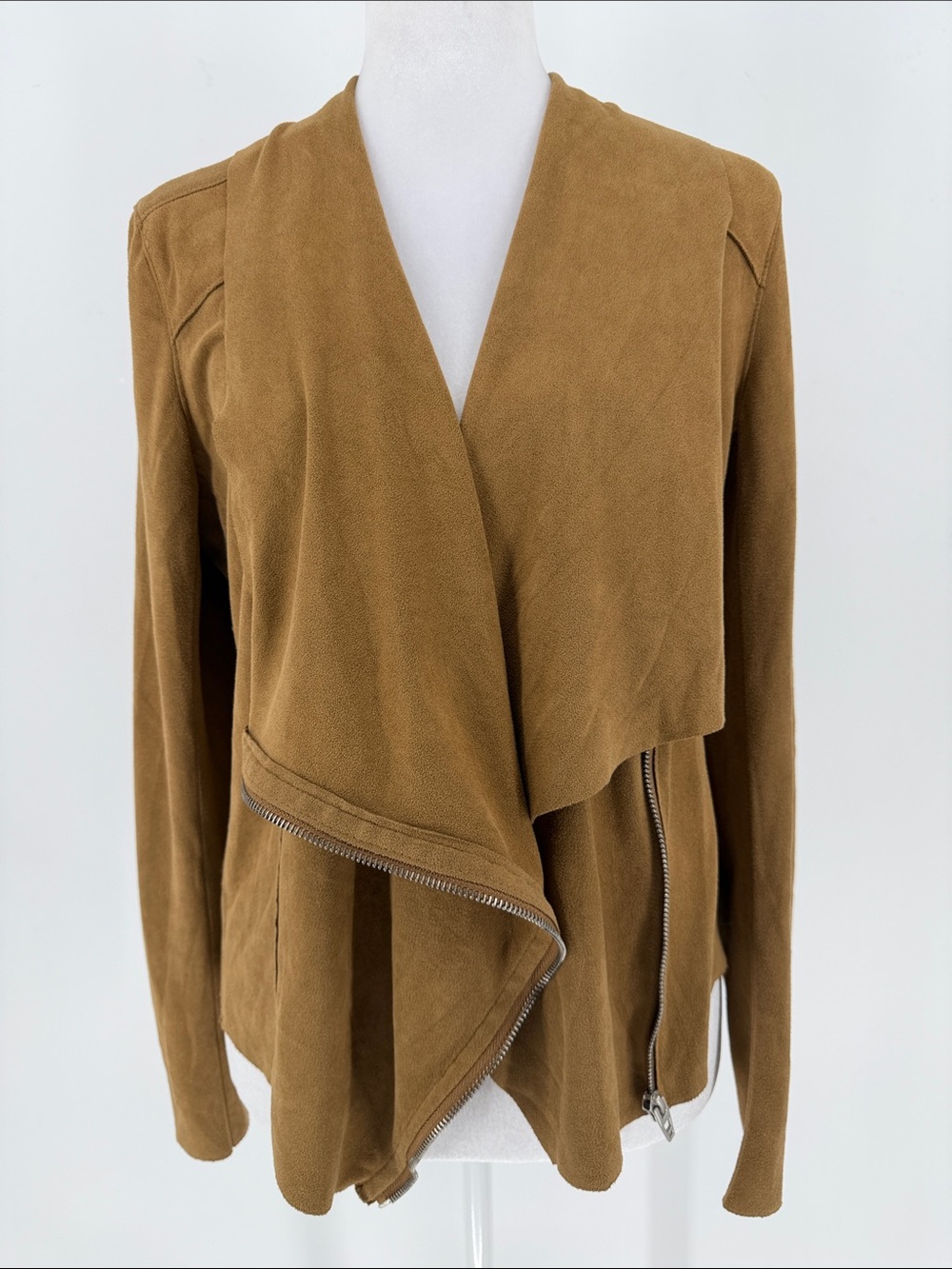 BLANKNYC Faux Suede Draped Moto Jacket Women’s Medium Camel Brown Asymmetrical